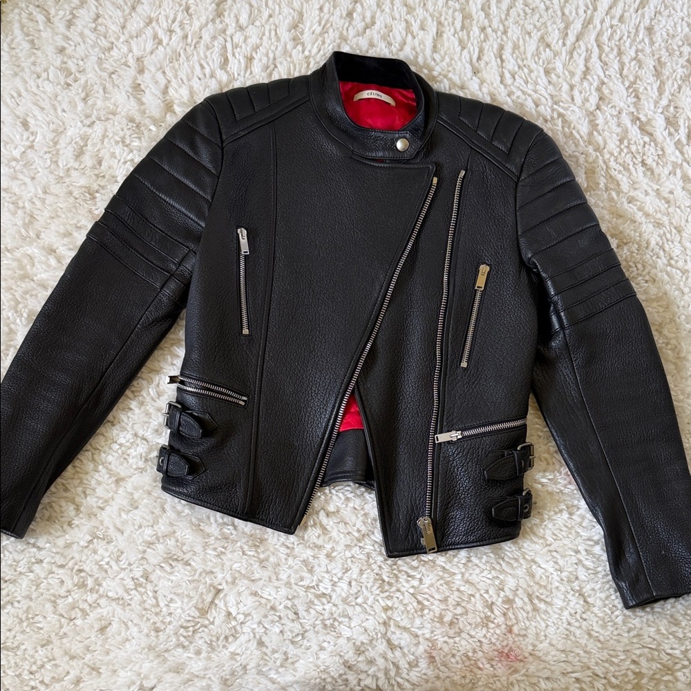 Celine Black Leather Moto Jacket with Red Lining